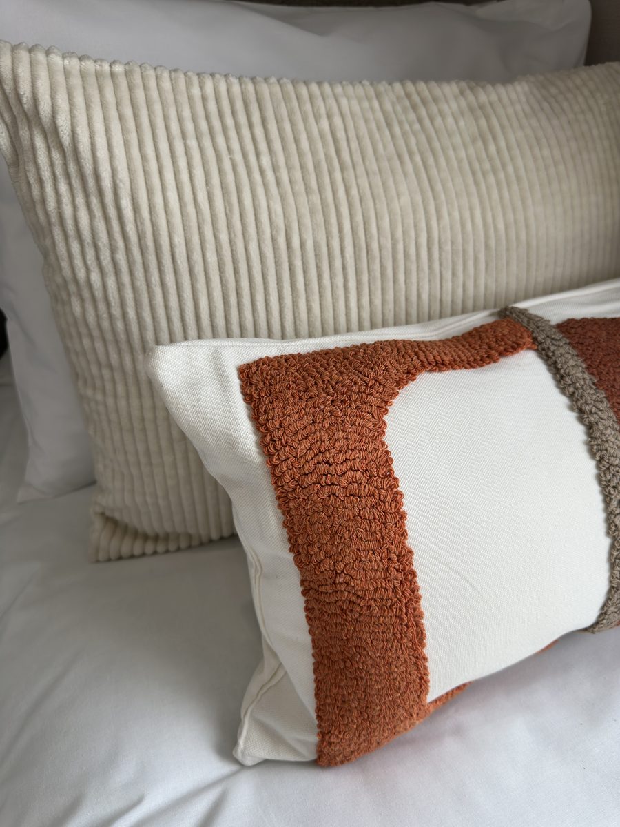 The Salisbury, corduroy cushions with a terracotta band