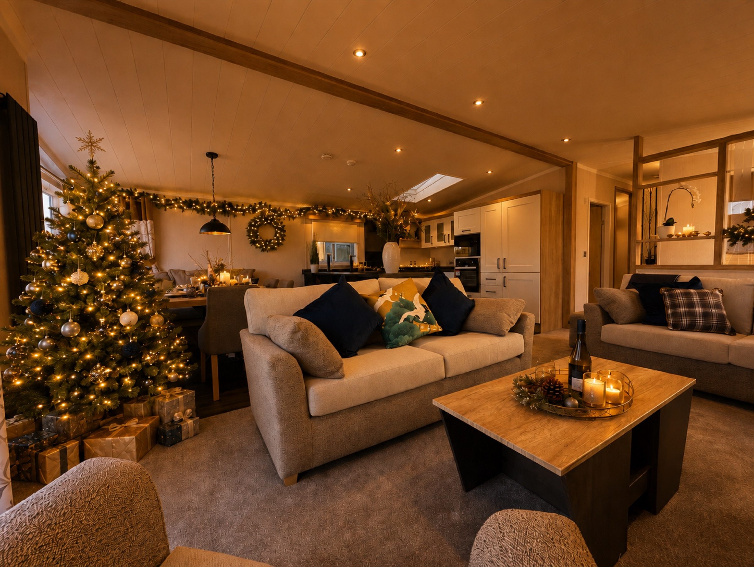 A lodge lounge at Christmas, with the tree lit and presents beneath it