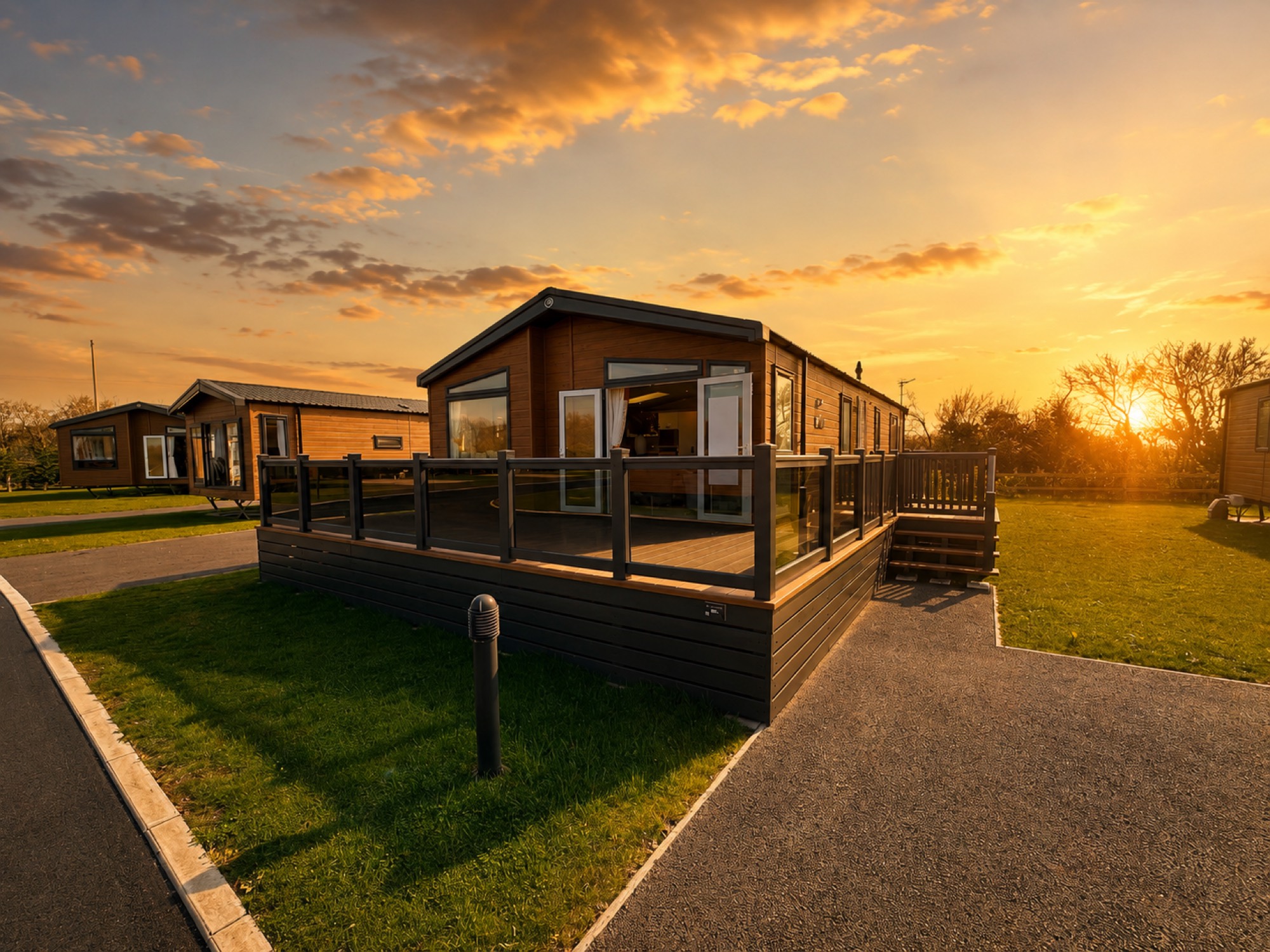 A lodge at Nottage Park Lodges in the evening light