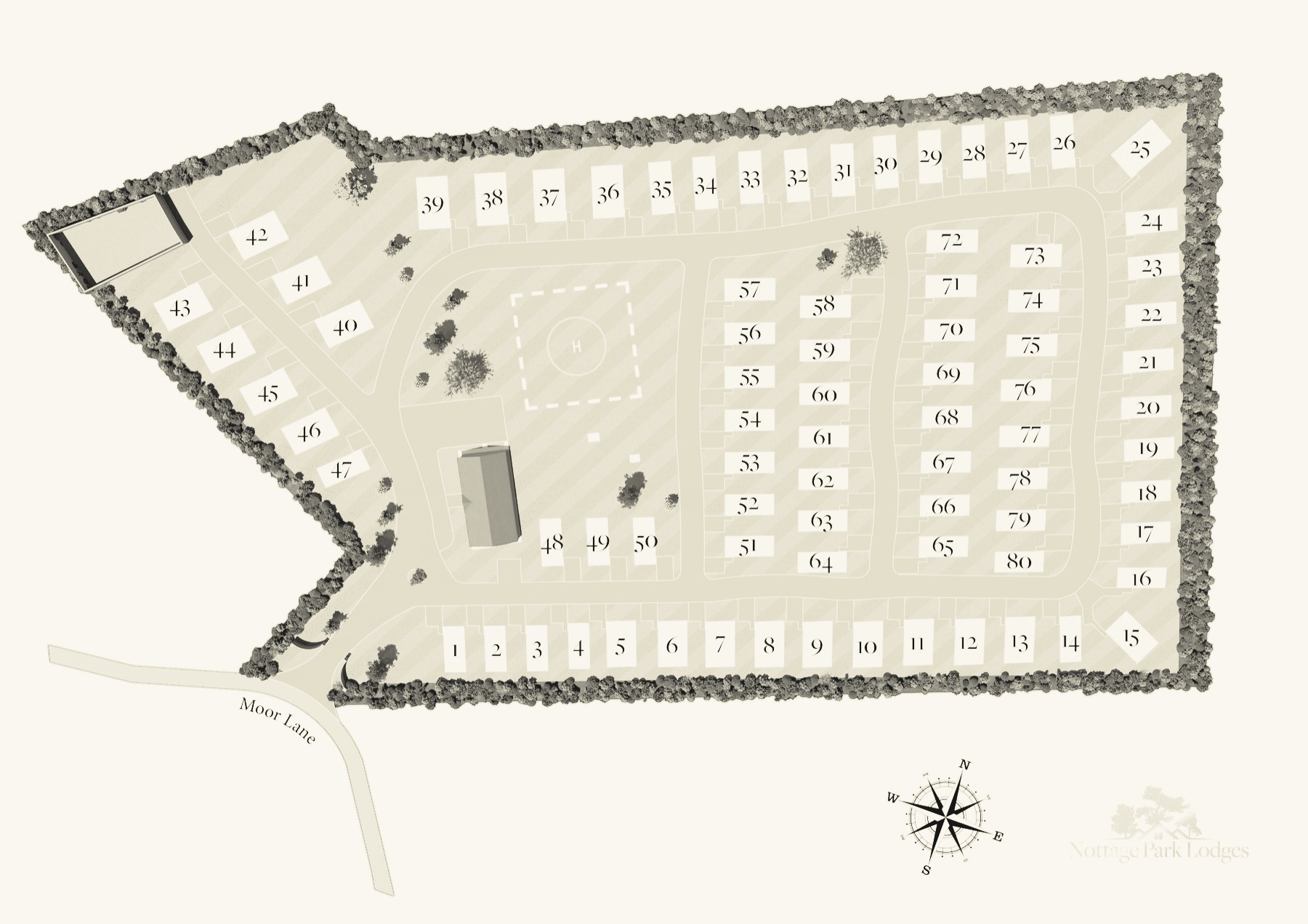 Site plan of Nottage Park Lodges, showing all eighty numbered pitches