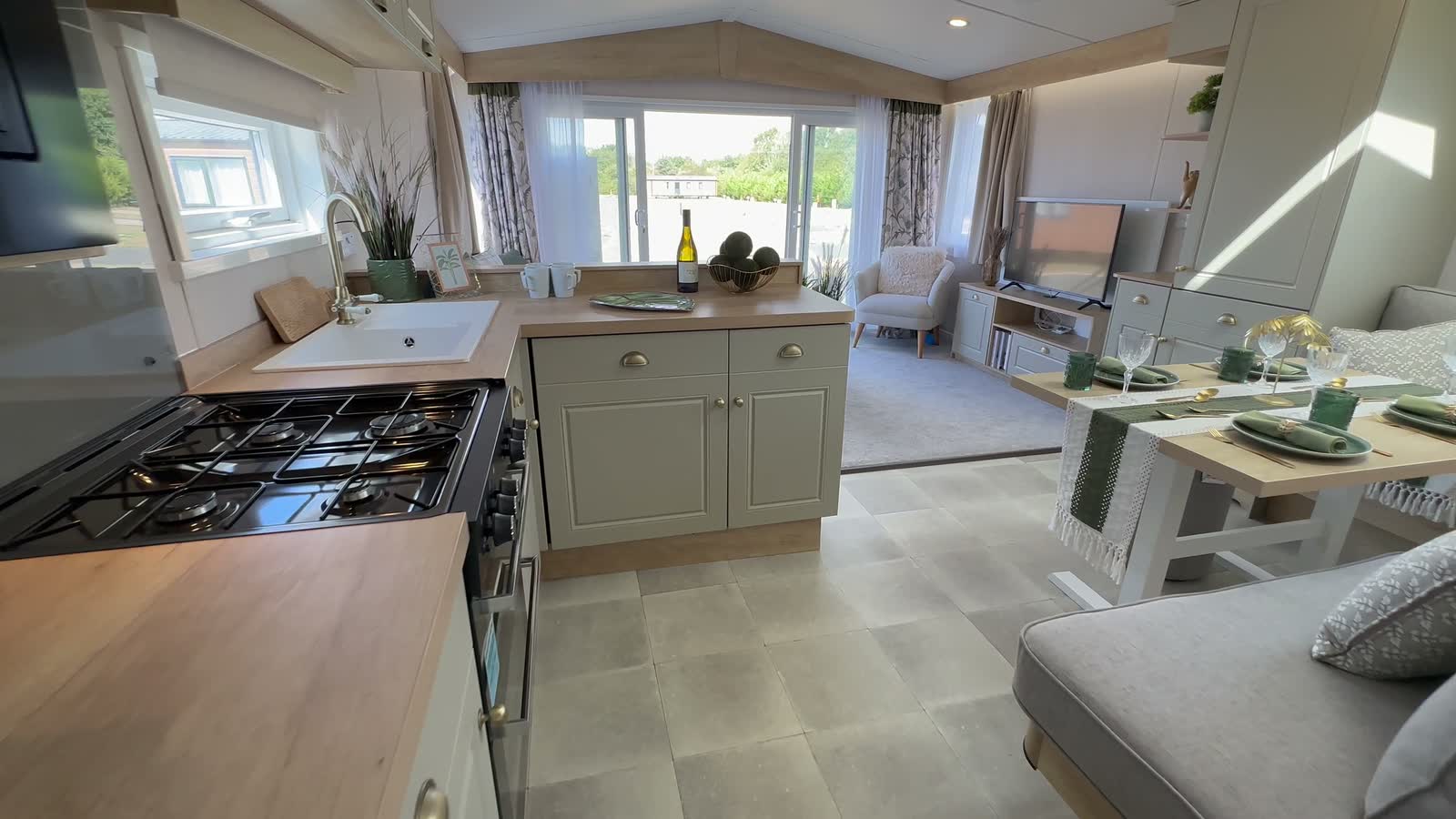 The Moselle Country, the kitchen island with the lounge beyond